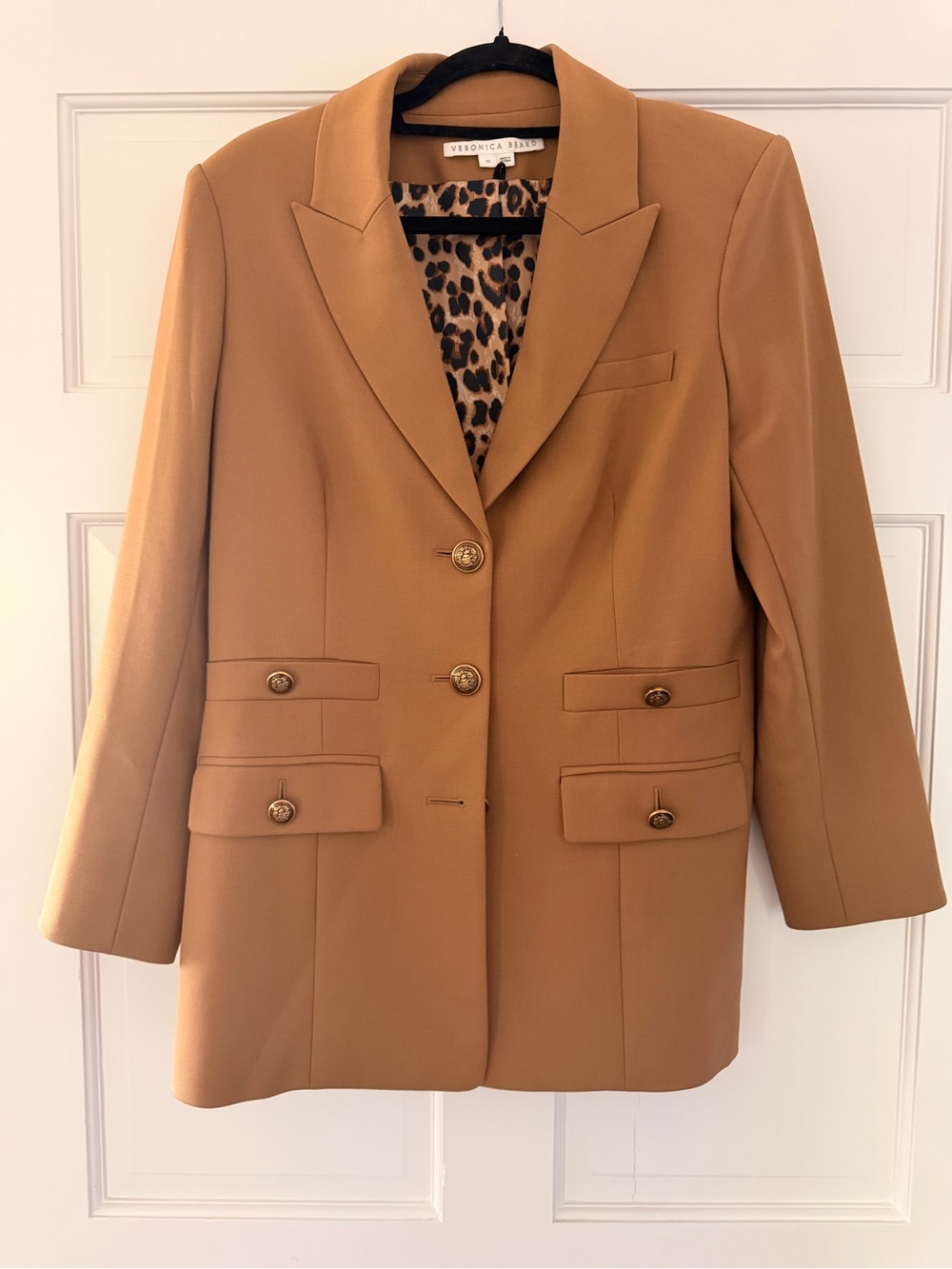 Veronica Beard Saddle Brown Tailored Double-Breasted Blazer with Leopard Lining